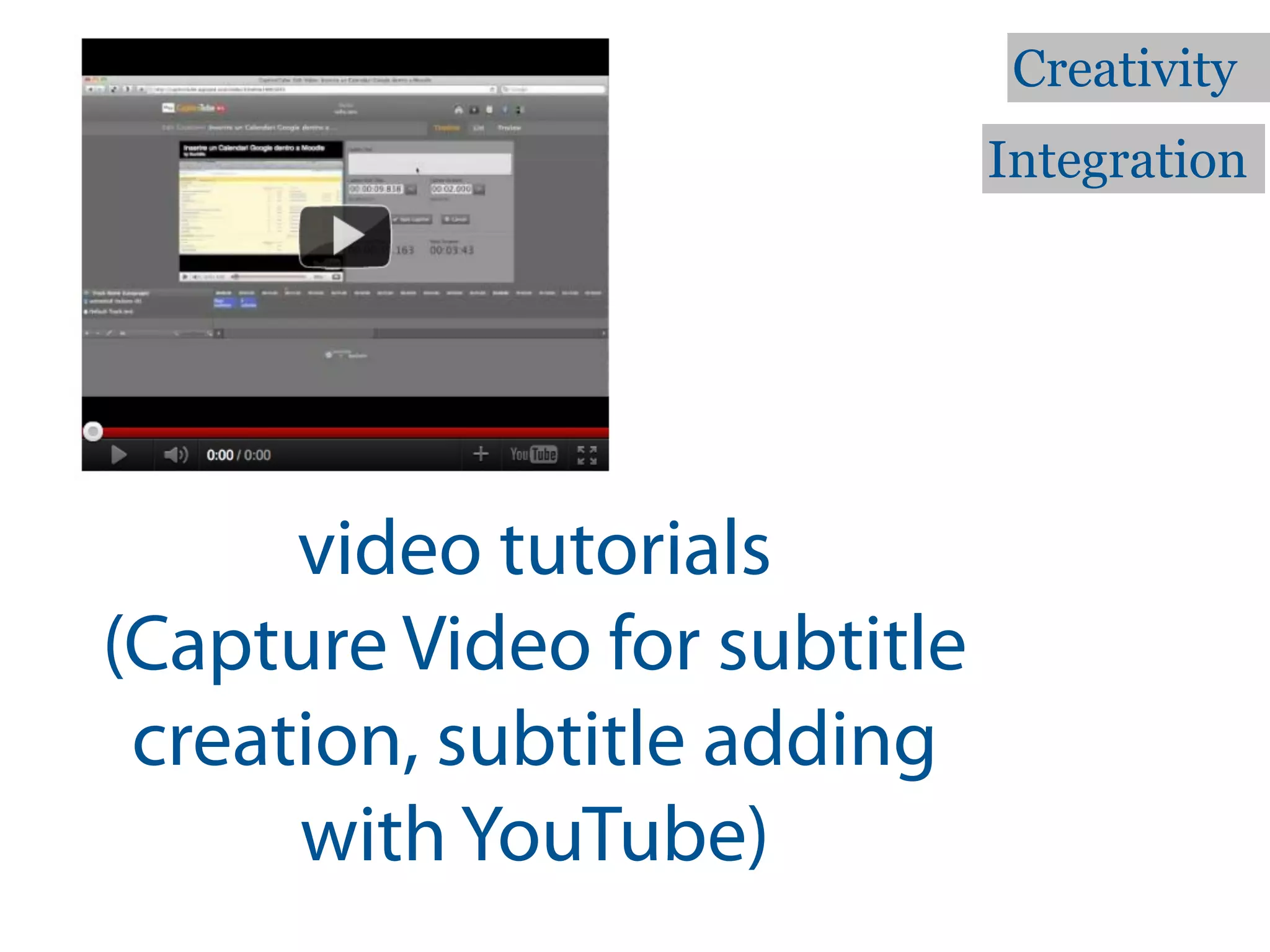 Creativity
                              Integration




      video tutorials
(Capture Video for subtitle
 creation, subtitle adding
      with YouTube)
 