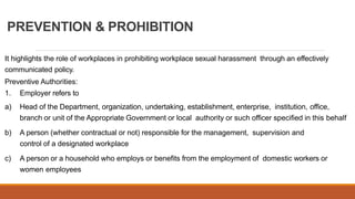 PREVENTION & PROHIBITION
It highlights the role of workplaces in prohibiting workplace sexual harassment through an effect...