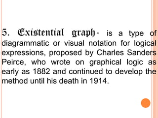 5. Existential graph-

is a type of
diagrammatic or visual notation for logical
expressions, proposed by Charles Sanders
Peirce, who wrote on graphical logic as
early as 1882 and continued to develop the
method until his death in 1914.

 