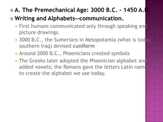 A. The Premechanical Age: 3000 B.C. - 1450 A.D. Writing and Alphabets--communication.First humans communicated only through speaking and picture drawings. 3000 B.C., the Sumerians in Mesopotamia (what is today southern Iraq) devised cuniformAround 2000 B.C., Phoenicians created symbols The Greeks later adopted the Phoenician alphabet and added vowels; the Romans gave the letters Latin names to create the alphabet we use today. 