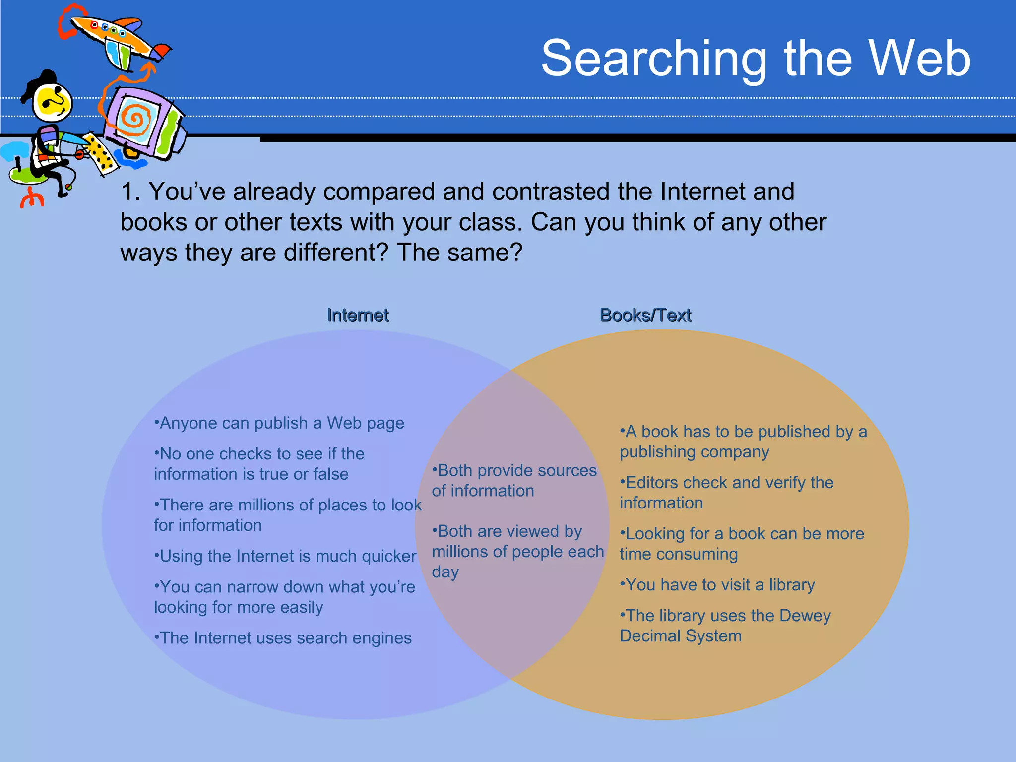 Searching the Web

1. You’ve already compared and contrasted the Internet and
books or other texts with your class. Can you think of any other
ways they are different? The same?

                         Internet                              Books/Text




   •Anyone can publish a Web page                                •A book has to be published by a
   •No one checks to see if the                                  publishing company
   information is true or false        •Both provide sources
                                                                 •Editors check and verify the
                                       of information
   •There are millions of places to look                         information
   for information                       •Both are viewed by     •Looking for a book can be more
   •Using the Internet is much quicker millions of people each   time consuming
                                         day
   •You can narrow down what you’re                              •You have to visit a library
   looking for more easily                                       •The library uses the Dewey
   •The Internet uses search engines                             Decimal System
 