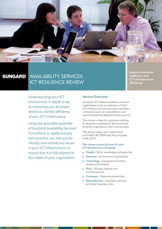 Improve business
 AVAILABILITY SERVICES                                                             resilience and
                                                                                   ICT infrastructure
 ICT RESILIEnCE REVIEw                                                             efficiency



Understanding your ICT               Service Overview
environment in depth is key          SunGard’s ICT Resilience Review provides
                                     organisations with an evaluation of their
to improving your business           ICT infrastructure and provides customers
resilience and the efficiency        a detailed report of vulnerabilities and
                                     recommendations aligned to best practice.
of your ICT infrastructure.
                                     This review is ideal for customers wishing
Using the specialist expertise       to develop a roadmap for the future and
                                     to justify investment in their environment.
of SunGard Availability Services’
                                     This service aligns with components
Consultants to apply industry        of the BSI’s BS 25999 and the principles
best practice, you can quickly       of BS 25777.
identify and remedy any issues       The review covers all areas of your
in your ICT infrastructure, to       ICT infrastructure including:

ensure that it is fully aligned to      People – Skills, knowledge and expertise
                                        Premises – Environment and facilities
the needs of your organisation.
                                        Technology – Equipment including
                                        servers and network
                                        Data – Storage, backup and
                                        communications
                                        Processes – Operational activities
                                        Dependencies – Suppliers, partners
                                        and other business units.
 