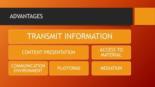 ADVANTAGES
TRANSMIT INFORMATION
CONTENT PRESENTATION
COMMUNICATION
ENVIRONMENT
PLATFORMS
ACCESS TO
MATERIAL
MEDIATION
 