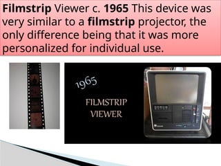 Filmstrip Viewer c. 1965 This device was
very similar to a filmstrip projector, the
only difference being that it was more
personalized for individual use.
 
