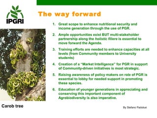 The way forward
                1. Great scope to enhance nutritional security and
                   income generation through the use of PGR.
                2. Ample opportunities exist BUT multi-stakeholder
                   partnership along the holistic filiere is essential to
                   move forward the Agenda.
                3. Training efforts are needed to enhance capacities at all
                   levels (from Community members to University
                   students)
                4. Creation of a “Market Intelligence” for PGR in support
                   of Community-driven initiatives is most strategic.
                5. Raising awareness of policy makers on role of PGR is
                   essential to lobby for needed support in promoting
                   these species.
                6. Education of younger generations in appreciating and
                   conserving this important component of
                   Agrobiodiversity is also imperative.

Carob tree                                                   By Stefano Padolusi
 
