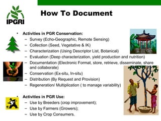 How To Document

•   Activities in PGR Conservation:
     – Survey (Echo-Geographic, Remote Sensing)
     – Collection (Seed, Vegetative & IK)
     – Characterization (Using Descriptor List, Botanical)
     – Evaluation (Deep characterization, yield production and nutrition)
     – Documentation (Electronic Format, store, retrieve, disseminate, share
        and collaborate)
     – Conservation (Ex-situ, In-situ)
     – Distribution (By Request and Provision)
     – Regeneration/ Multiplication ( to manage variability)

•   Activities in PGR Use:
     – Use by Breeders (crop improvement);
     – Use by Farmers (Growers);
     – Use by Crop Consumers.
 