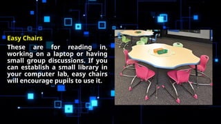 Easy Chairs
These are for reading in,
working on a laptop or having
small group discussions. If you
can establish a small library in
your computer lab, easy chairs
will encourage pupils to use it.
 