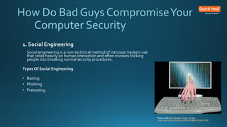 How Do Bad Guys CompromiseYour
Computer Security
1. Social Engineering
Social engineering is a non-technical method of intrusion hackers use
that relies heavily on human interaction and often involves tricking
people into breaking normal security procedures.
Types Of Social Engineering
• Baiting
• Phishing
• Pretexting
Photo credit: Don Hankins / Foter / CC BY
https://www.flickr.com/photos/23905174@N00/1594411528/
 