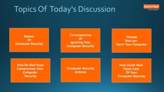 Topics Of Today's Discussion
Basics
Of
Computer Security
Consequences
Of
Ignoring Your
Computer Security
Threats
that can
Harm Your Computer
Computer Security
Actions
How Quick Heal
Takes Care
Of Your
Computer Security
How Do Bad Guys
Compromise Your
Computer
Security
 