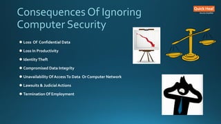 Consequences Of Ignoring
Computer Security
 Loss Of Confidential Data
 Loss In Productivity
 Identity Theft
 Compromised Data Integrity
 Unavailability Of AccessTo Data Or Computer Network
 Lawsuits & Judicial Actions
 Termination Of Employment
 