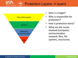 www.iita.orgA member of CGIAR consortium
• Who is a target?
• Who is responsible for
protection?
• How is protection done?
• What are the issues
involved (computer,
communication
network, files, file
systems, structures)
Files /Information
Systems
Network/
Communication
Global
Protection Layers- 4 layers
 