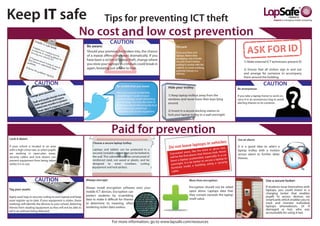 Tips for preventing ICT theft

                                                                Be aware:
                                                                Should your premises be broken into, the chance
                                                                of a repeat offence increases dramatically. If you
                                                                have been a victim of laptop theft, change where
                                                                                                                                                                             1) Make external ICT technicians present ID
                                                                you store your laptops as criminals could break in
                                                                again, knowing just where to look.                                                                           2) Ensure that all visitors sign in and out
                                                                                                                                                                             and arrange for someone to accompany
                                                                                                                                                                             them around the building.


                                                                                                                      Hide your trolley:                                Be anonymous:

                                                                                                                      1) Keep laptop trolleys away from the             If you take a laptop home to work on,
                                                                                                                      windows and never leave their keys lying          carry it in an anonymous bag to avoid
                                                                                                                      around.                                           alerting thieves to its contents.

                                                                                                                      2) Invest in a secure docking station to
                                                                                                                      lock your laptop trolley to a wall overnight




Lock it down:                                                                                                                                                           Use an alarm:
                                                                    Choose a secure laptop trolley:
If your school is located in an area                                                                                                                                    It is a good idea to select a
with a high crime rate, or when pupils                              Laptops and tablets can be protected in a                                                           laptop trolley with a motion
are working in open-plan areas,                                     secured, lockable cabinet that can be bolted to                                                     sensor alarm to further deter
security cables and lock downs can                                  the wall. This cabinet should be constructed of
                                                                                                                                                                        thieves.
prevent equipment from being taken                                  reinforced steel, not wood or plastic, and be
whilst it is in use.                                                designed to resist crowbars, cutting
                                                                    equipment and lock-pickers.



                                                                Always encrypt:                                                       More than encryption:                                   Use a secure locker:

                                                                Always install encryption software onto your                          Encryption should not be relied                         If students issue themselves with
Tag your assets                                                                                                                       upon alone. Laptops data that                           laptops, you could invest in a
                                                                mobile ICT devices. Encryption can
                                                                                                                                      they contain exceeds the laptop                         charging locker that enables
Apply asset tags or security coding to each laptop and keep     protect students by scrambling                                                                                                pupils to access devices via
                                                                data to make it difficult for thieves                                 resell value.                                           smartcards which enables you to
asset register up to date. If your equipment is stolen, these
markings will identify the devices to your school, deterring    to determine its meaning, often                                                                                               track and monitor individual
thieves from stealing equipment as they will not be able to     rendering stolen data useless.                                                                                                laptops whereabouts. Or if
sell it on without being detected.
                                                                                                                                                                                              damaged or lost, who was
                                                                                                                                                                                              accountable for using it last.
 