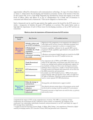 16
opportunities offered by information and communications technology. (A copy of its latest Index is
at Annex 1, which shows the developing and transition economies mostly at the bottom of the list).
In this context ITC (in its e-Trade Bridge Programme) has identified key factors that impact at the three
levels of Micro, Meso and Macro in so far as e-Preparedness for e-Trade and e-Commerce is
concerned and offered such a framework.34 This can be adapted to e-Services also.
Such a framework can be used for gap analysis that applies across the board for the ICT sector as a
whole – irrespective of whether the goal is IT hardware or e-services. The matrix below seeks to
high-light the importance of each of these issues for developing countries, so far as ICT services are
concerned.
Matrix to show the importance of Framework issues for ICT services
Intervention
Level
Key Factors ICT enabled services
Micro Level
(Enterprise
level
environment)
Attitude, culture and
use of ICT in Industry
High level of IT competence is not required as for software or
other high-end IT services, however individual enterprise level
commitments are important to achieve e-competitiveness
e-Professionals
availability & e-Trade
capabilities
Limited e-capabilities sufficient for the specific BPO service
required. E-Trade capabilities again limited to the specific ICT
enabled service.
e-Business
environment including
for e-trade
e-Business environment helpful though not crucial for the B2B
type transactions that most ICT enabled services are.
Meso Level
(e-Trade
support level)
Trade Promotional
Agencies
Very important role of TPOs and IT/BPO Associations to
lobby for the right policy environment and other issues such as
service tax, training needs, political and diplomatic support for
any backlash as being seen from some developed economies.
ICT Infrastructure
Sufficient direct connectivity, satellite or broad-band required.
Overall country level Internet and connectivity not an issue for
the B2B connectivity and transactions.
HR Framework
Essentially most ICT Enabled services / BPOs/Call-centres
require language skills and specific service skills, not high-level
IT skills or education. Therefore mostly government does not
need to create separate ICT HR infrastructure.
Macro Level
(Policy
Framework)
Policy & strategy at
national level
Strong policy and administrative support needed.
e-Government
initiatives
Not directly relevant except where e-Government service itself
involved and in creating overall favourable ICT environment.
Legal & regulatory
framework
Extremely necessary as legal issues can and do arise, e.g. privacy
and security issues.
comprehend the impact of ICT on the competitiveness of nations. The NRI is a composite of three
components: the environment for ICT offered by a given country or community, the readiness of the
community’s key stakeholders (individuals, businesses, and governments) to use ICT, and finally the usage of
ICT amongst these stakeholders.
34 A paper for the last Executive Forum (Singh, A. Didar, 2004, Putting ‘e’ into competitiveness: Dimensions of digital
networks for developing countries, ITC Executive Forum, 2004) had presented such a framework.
 