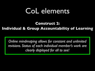 CoL elements
                Construct 2:
Individual & Group Accountability of Learning


   Online mindmaping allows for constant and unlimited
   revisions. Status of each individual member’s work are
                clearly displayed for all to see!
 