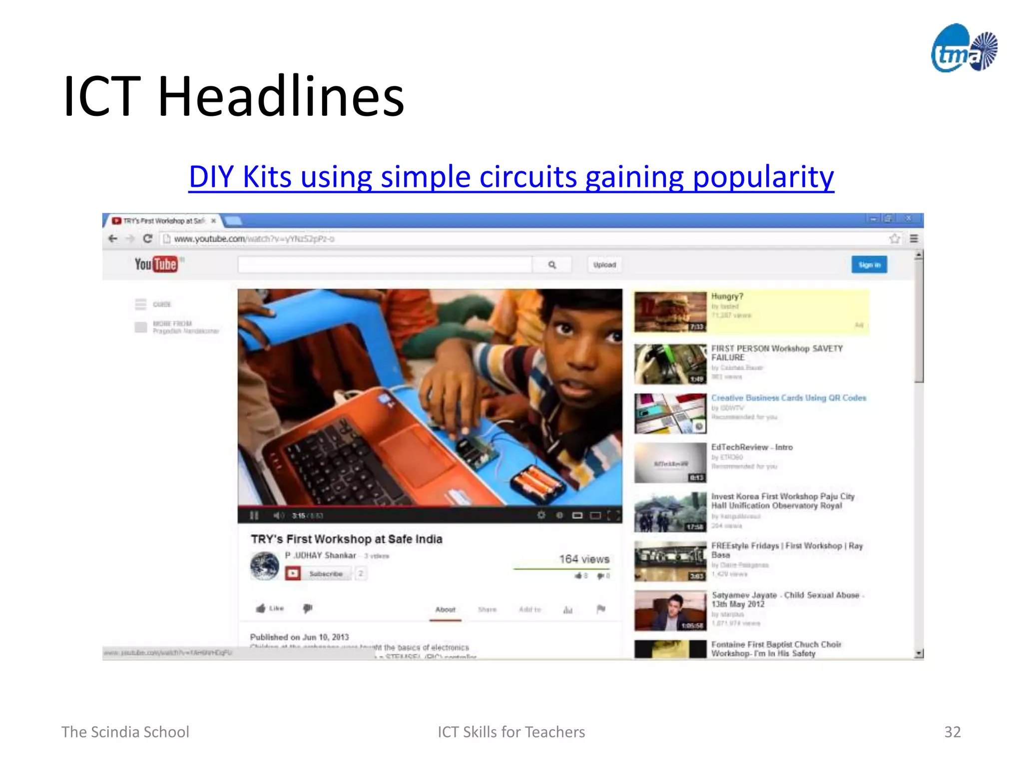 The Scindia School ICT Skills for Teachers 32
ICT Headlines
DIY Kits using simple circuits gaining popularity
 