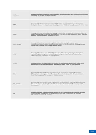 355
WinRunner
WAP
WSDL
WWW Concepts
xDSL
XML
XML Concepts
Knowledge of the Mercury Interactive WinRunner software including the following topics: Record/Run,Synchronization,
Checkpoints, the GUI Map, and Modular Test Tree.
Knowledge of the Wireless Applications Protocol (WAP) wireless data protocol including the following topics:
Configuration, General Knowledge, Protocol Stack, Support, Using WMLScript, Vendor Comparison, and WAP Model.
Knowledge of the Web Services Description Language protocol in Web Services or .Net environment including the
following topics: Bindings and Services, Generating WSDL, Ports and PortTypes, Role of WSDL, SOAP, Types and
Messages, Understanding WSDL, and WSDL and UDDI.s.
Knowledge of the technical issues underlying the World Wide Web including the following topics:
Architecture and Design, Browsers, Cookies, Distributed Objects and Components, Links, Messaging Concepts,
Services, Web Knowledge, Web Languages, and Web Servers.
Knowledge of the collective types of Digital Subscriber Lines (DSL) technology including the following topics:
Hardware Setup and Configuration, Software Setup and Configuration, Basic Features, Troubleshooting,
Implementation, DSL Infrastructure, and DSL Applications.
XHTML
Knowledge of coding web pages using XHTML including the following topics: Cascading Style Sheets, Forms,
Miscellaneous XHTML Issues, Modularization, Multimedia and Objects, Tables, and XML Compliance.
Knowledge of the Extensible Markup Language including the following topics: Combining Technologies,
DTDs and Schemas, Emerging or Future Technologies, General Knowledge and XML Contacts, Stylesheets,
XLink, XML Namespaces, XML Software, and XML Specifications.
Knowledge of the most important aspects of XML including the following topics: Applied XML, Related Standards,
Software Development, Structuring Data, the XML Standard,Web Presentation, Web Technologies, and XML
Characteristics.
XSL
Knowledge of the W3C Extensible Stylesheet Language and how a specification is used to separate the content
when creating XML or HTML pages including the following topics: XSL Transformation, XSL Formatting,
XSL Software, and general XSL knowledge.
 