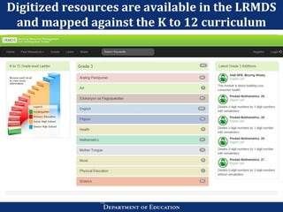 Digitized resources are available in the LRMDS
and mapped against the K to 12 curriculum
12
 