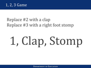 1, 2, 3 Game
Replace #2 with a clap
Replace #3 with a right foot stomp
1, Clap, Stomp
 