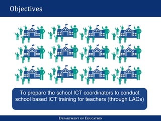 Objectives
To prepare the school ICT coordinators to conduct
school based ICT training for teachers (through LACs)
 
