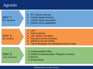 Agenda
● ICT Literacy Survey
● Activity-based training
● Lesson Ideas discussion
● DepEd email registration
● LAC
● Adult Learning
● LAC session simulation
● Data governance principles
● EBEIS & LIS and eHRIS
● Tips & Strategies and Additional Activity Cards
● Implementation Plan
● DepEd Computerization Program & others
● Survey
● Group photo
DAY 1
Be a participant
DAY 2
Be a facilitator
DAY 3
Learn the policies
 