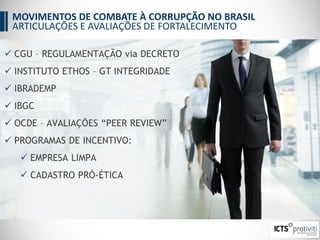  CGU – REGULAMENTAÇÃO via DECRETO
 INSTITUTO ETHOS – GT INTEGRIDADE
 IBRADEMP
 IBGC
 OCDE – AVALIAÇÕES “PEER REVIEW”
 PROGRAMAS DE INCENTIVO:
 EMPRESA LIMPA
 CADASTRO PRÓ-ÉTICA
MOVIMENTOS DE COMBATE À CORRUPÇÃO NO BRASIL
ARTICULAÇÕES E AVALIAÇÕES DE FORTALECIMENTO
 
