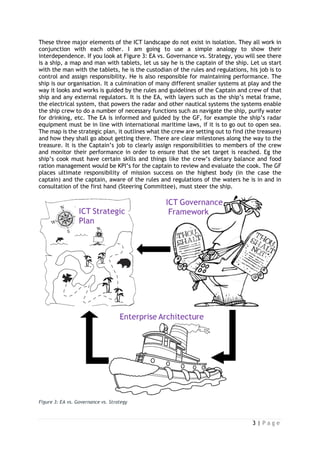 3 | P a g e 
These three major elements of the ICT landscape do not exist in isolation. They all work in conjunction with each other. I am going to use a simple analogy to show their interdependence. If you look at Figure 3: EA vs. Governance vs. Strategy, you will see there is a ship, a map and man with tablets, let us say he is the captain of the ship. Let us start with the man with the tablets, he is the custodian of the rules and regulations, his job is to control and assign responsibility. He is also responsible for maintaining performance. The ship is our organisation. It a culmination of many different smaller systems at play and the way it looks and works is guided by the rules and guidelines of the Captain and crew of that ship and any external regulators. It is the EA, with layers such as the ship’s metal frame, the electrical system, that powers the radar and other nautical systems the systems enable the ship crew to do a number of necessary functions such as navigate the ship, purify water for drinking, etc. The EA is informed and guided by the GF, for example the ship’s radar equipment must be in line with international maritime laws, if it is to go out to open sea. The map is the strategic plan, it outlines what the crew are setting out to find (the treasure) and how they shall go about getting there. There are clear milestones along the way to the treasure. It is the Captain’s job to clearly assign responsibilities to members of the crew and monitor their performance in order to ensure that the set target is reached. Eg the ship’s cook must have certain skills and things like the crew’s dietary balance and food ration management would be KPI’s for the captain to review and evaluate the cook. The GF places ultimate responsibility of mission success on the highest body (in the case the captain) and the captain, aware of the rules and regulations of the waters he is in and in consultation of the first hand (Steering Committee), must steer the ship. 
Figure 3: EA vs. Governance vs. Strategy 