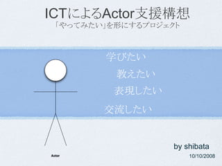 ICTによるActor支援構想
 「やってみたい」を形にするプロジェクト



        学びたい
          教えたい
         表現したい
        交流したい


                   by shibata
                       10/10/2008
 