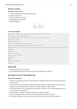 ICT student textbook/Print version 15
Resources needed
Hardware, software, Files
1. Computer installed with Ubuntu Operating System
2.
2. Projection Equipment
3.
3. Images to show of the computer
4.
4. Basic digital literacy Handout
5. Freeplane Handout.
[13]
Image
[14]
[14]
Image
[14]
Parts of the computer
#Scanner (nowadays this is in mobile itself, not very much used)
#CPU – This is the processing unit
#Main Memory: RAM: This determines how fast the computer works
#Expansion cards
#Power supply unit
#CD Drive – External storage device
#Hard disk: This determines how much storage capacity
#Motherboard: This is where all instructions are wired together and helps the computer work
#Speakers
#Monitor
#Operating System
#Application Software
#Keyboard
#Mouse
#External Hard Disk
#Printer
Digital skills
1.
1. Interacting with the ICT environment
2.
2. Understanding the difference between operating system and application software
Description of activity with detailed steps
Teacher-led component
1.
1. Students in small groups can make a of list all the items a fridge does and a list of all the things they think a
computer can do.
2.
2. In a group activity your teacher will compile all the group comments in a digital mind map using a concept
mapping tool and encourage students to classify the various things the computer will do.
3.
3. The teacher will discuss why an operating system needed is and how it works with different applications to
ensure that data is communicated
4.
4. With the help of a schematic the teacher will discuss the parts of a computer
5.
5. In small groups the students can switch on a computer and identify the parts they know
6.
6. The teacher will help you create a folder on your computer, for saving your work done in the class.
 