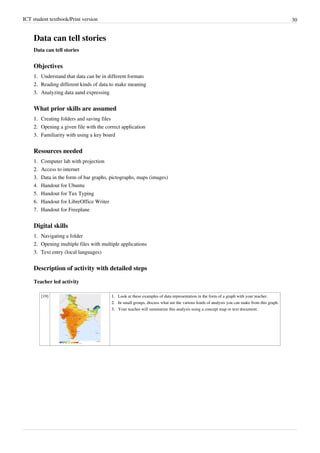 ICT student textbook/Print version 30
Data can tell stories
Data can tell stories
Objectives
1.
1. Understand that data can be in different formats
2.
2. Reading different kinds of data to make meaning
3.
3. Analyzing data aand expressing
What prior skills are assumed
1.
1. Creating folders and saving files
2.
2. Opening a given file with the correct application
3.
3. Familiarity with using a key board
Resources needed
1.
1. Computer lab with projection
2.
2. Access to internet
3.
3. Data in the form of bar graphs, pictographs, maps (images)
4. Handout for Ubuntu
5. Handout for Tux Typing
6. Handout for LibreOffice Writer
7. Handout for Freeplane
Digital skills
1.
1. Navigating a folder
2.
2. Opening multiple files with multiple applications
3.
3. Text entry (local languages)
Description of activity with detailed steps
Teacher led activity
[19] 1.
1. Look at these examples of data representation in the form of a graph with your teacher.
2.
2. In small groups, discuss what are the various kinds of analysis you can make from this graph.
3.
3. Your teacher will summarize this analysis using a concept map or text document.
 