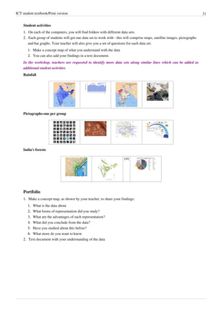 ICT student textbook/Print version 31
Student activities
1.
1. On each of the computers, you will find folders with different data sets.
2.
2. Each group of students will get one data set to work with - this will comprise maps, satellite images, pictographs
and bar graphs. Your teacher will also give you a set of questions for each data set.
1.
1. Make a concept map of what you understand with the data
2.
2. You can also add your findings in a text document.
In the workshop, teachers are requested to identify more data sets along similar lines which can be added as
additional student activities
Rainfall
Pictographs-one per group
India's forests
[20]
Portfolio
1.
1. Make a concept map, as shown by your teacher, to share your findings:
1.
1. What is the data about
2.
2. What forms of representation did you study?
3.
3. What are the advantages of each representation?
4.
4. What did you conclude from the data?
5.
5. Have you studied about this before?
6.
6. What more do you want to know
2.
2. Text document with your understanding of the data
 