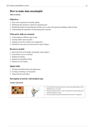 ICT student textbook/Print version 32
How to make data meaningful
Title of Activity
Objectives
1.
1. Data can be organized for meaning making
2.
2. Identifying data elements to capture for organizing data
3.
3. Identifying method of organizing that will allow you to answer the questions (building a table for data)
4.
4. Understanding the importance of representing data in pictures
What prior skills are assumed
1.
1. Understanding of different types of data
2.
2. Creating folders and saving files
3.
3. Opening a given file with the correct application
4.
4. Familiarity with using a key board and text input (Telugu)
Resources needed
1.
1. Data in the form of bar graphs, pictographs, maps (images)
2.
2. Learn Firefox Access to internet
3. Handout for Ubuntu
4. Handout for LibreOffice Writer
5. Handout for Tux Typing
Digital skills
1.
1. Working with different files and applications
2.
2. Creating and editing a text document
3.
3. Organizing files and folders
Description of activity with detailed steps
Teacher led activity
1.
1. Your teacher will use these data sets to discuss how data elements can be
identified for any set of data
2.
2. Each data element will have a value associated with it and the data can be
organized along those values
3.
3. It is also possibly to pictorially represent the data once it is organized
 