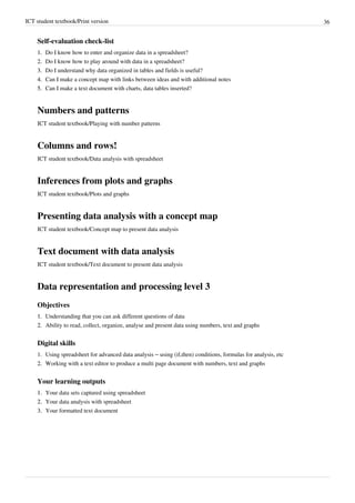 ICT student textbook/Print version 36
Self-evaluation check-list
1.
1. Do I know how to enter and organize data in a spreadsheet?
2.
2. Do I know how to play around with data in a spreadsheet?
3.
3. Do I understand why data organized in tables and fields is useful?
4.
4. Can I make a concept map with links between ideas and with additional notes
5.
5. Can I make a text document with charts, data tables inserted?
Numbers and patterns
ICT student textbook/Playing with number patterns
Columns and rows!
ICT student textbook/Data analysis with spreadsheet
Inferences from plots and graphs
ICT student textbook/Plots and graphs
Presenting data analysis with a concept map
ICT student textbook/Concept map to present data analysis
Text document with data analysis
ICT student textbook/Text document to present data analysis
Data representation and processing level 3
Objectives
1.
1. Understanding that you can ask different questions of data
2.
2. Ability to read, collect, organize, analyse and present data using numbers, text and graphs
Digital skills
1. Using spreadsheet for advanced data analysis – using (if,then) conditions, formulas for analysis, etc
2.
2. Working with a text editor to produce a multi page document with numbers, text and graphs
Your learning outputs
1.
1. Your data sets captured using spreadsheet
2.
2. Your data analysis with spreadsheet
3.
3. Your formatted text document
 