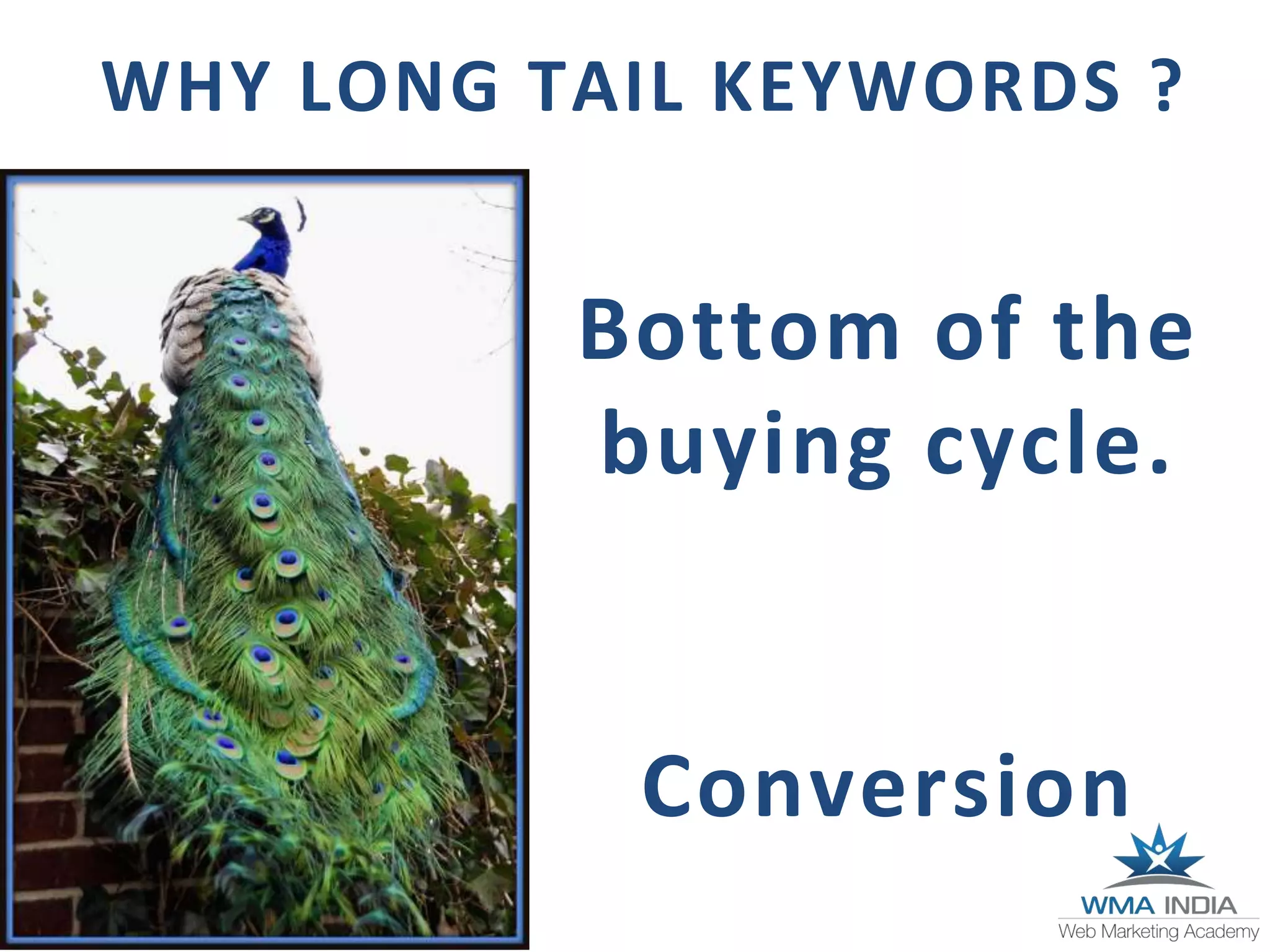 WHY LONG TAIL KEYWORDS ?
Bottom of the
buying cycle.
Conversion