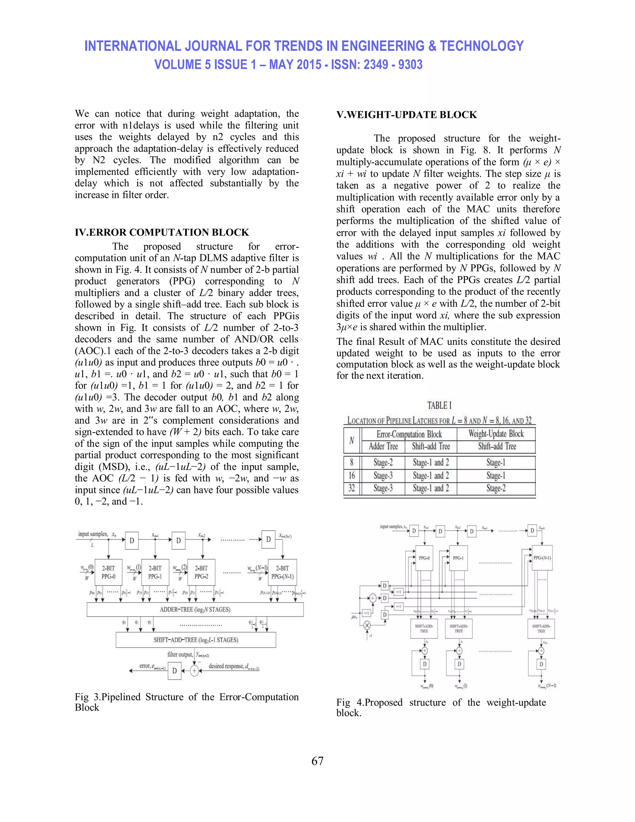 INTERNATIONAL JOURNAL FOR TRENDS IN ENGINEERING & TECHNOLOGY VOLUME 5 ISSUE 1 – MAY 2015 - ISSN: 2349 - 9303 67 We can notice that during weight adaptation, the error with n1delays is used while the filtering unit uses the weights delayed by n2 cycles and this approach the adaptation-delay is effectively reduced by N2 cycles. The modified algorithm can be implemented efficiently with very low adaptation- delay which is not affected substantially by the increase in filter order. IV.ERROR COMPUTATION BLOCK The proposed structure for error- computation unit of an N-tap DLMS adaptive filter is shown in Fig. 4. It consists of N number of 2-b partial product generators (PPG) corresponding to N multipliers and a cluster of L/2 binary adder trees, followed by a single shift–add tree. Each sub block is described in detail. The structure of each PPGis shown in Fig. It consists of L/2 number of 2-to-3 decoders and the same number of AND/OR cells (AOC).1 each of the 2-to-3 decoders takes a 2-b digit (u1u0) as input and produces three outputs b0 = u0 · . u1, b1 =. u0 · u1, and b2 = u0 · u1, such that b0 = 1 for (u1u0) =1, b1 = 1 for (u1u0) = 2, and b2 = 1 for (u1u0) =3. The decoder output b0, b1 and b2 along with w, 2w, and 3w are fall to an AOC, where w, 2w, and 3w are in 2‟s complement considerations and sign-extended to have (W + 2) bits each. To take care of the sign of the input samples while computing the partial product corresponding to the most significant digit (MSD), i.e., (uL−1uL−2) of the input sample, the AOC (L/2 − 1) is fed with w, −2w, and −w as input since (uL−1uL−2) can have four possible values 0, 1, −2, and −1. Fig 3.Pipelined Structure of the Error-Computation Block V.WEIGHT-UPDATE BLOCK The proposed structure for the weight- update block is shown in Fig. 8. It performs N multiply-accumulate operations of the form (μ × e) × xi + wi to update N filter weights. The step size μ is taken as a negative power of 2 to realize the multiplication with recently available error only by a shift operation each of the MAC units therefore performs the multiplication of the shifted value of error with the delayed input samples xi followed by the additions with the corresponding old weight values wi . All the N multiplications for the MAC operations are performed by N PPGs, followed by N shift add trees. Each of the PPGs creates L/2 partial products corresponding to the product of the recently shifted error value μ × e with L/2, the number of 2-bit digits of the input word xi, where the sub expression 3μ×e is shared within the multiplier. The final Result of MAC units constitute the desired updated weight to be used as inputs to the error computation block as well as the weight-update block for the next iteration. Fig 4.Proposed structure of the weight-update block. 