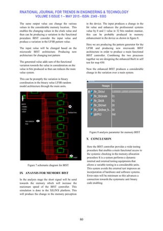 RNATIONAL JOURNAL FOR TRENDS IN ENGINEERING & TECHNOLOGY
VOLUME 5 ISSUE 1 – MAY 2015 - ISSN: 2349 - 9303
80
The same output value can change the various
values in the considerable memory location. This
enables the changing values in the clock value and
then can be producing a variation in the functional
procedure BIST consider the input value and
produce a variation in the LFSR pattern value.
The input value will be changed based on the
microcode BIST architecture. Producing new
architecture for changing test pattern
The generated value adds sum of the functional
variation towards the value in consideration on the
value in bits produced so that can reduces the main
value system.
This can be promptly the variation in binary
coordination in the binary value LFSR random
model architecture through the main units.
Figure 7.schematic diagram for BIST
IX ANAYSIS FOR MEMORY BIST
In the analysis stage the short signal will be send
towards the memory which will increase the
maximum speed of the BIST controller. This
simulation is done in the XILINX platform. This
will produce the change in the memory perception
in the device. The input produces a change in the
bit value and enhances the professional systems
value by 0 and 1 value in 32 bits random manner,
this can be probable produced in memory
enhancement in the device as shown in figure 8.
Here we are producing the pattern generator for the
LFSR and producing new microcode BIST
architecture in order to produce a main functional
BIST controller. Combining the two processes
together we are designing the enhanced Built in self
test for msp 430.
Now the enhanced BIST produces a considerable
change in the variation over a main system.
.
Figure 8 analysis parameter for memory BIST
X CONCLUSION
Here the BIST controller provides a wide testing
procedure that enables a main functional access to
the systemic checking in the memory allocation
procedure It is a system performs a dynamic
internal and external testing equipments that
allows a variable testing in a considerable units.
This system avoids the external test improves an
incorporation of hardware and software systems.
Error rates will be minimum so this advances a
connection towards the systematic unit binary
code enabling.
 