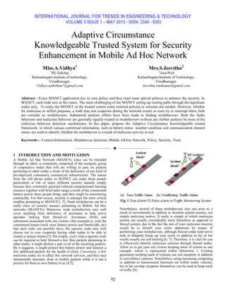 INTERNATIONAL JOURNAL FOR TRENDS IN ENGINEERING & TECHNOLOGY
VOLUME 5 ISSUE 1 – MAY 2015 - ISSN: 2349 - 9303
92
Adaptive Circumstance
Knowledgeable Trusted System for Security
Enhancement in Mobile Ad Hoc Network
Miss.A.Vidhya1
1
PG Scholar,
Kalasalingam institute of technology,
Virudhunagar.
Vidhya.aathithan7@gmail.com
Mrs.S.Jeevitha2
2
Asst.Prof,
Kalasalingam Institute of Technology,
Virudhunagar.
Jeevitha.ramkumar@gmail.com
Abstract—Every MANET application has its own policy and they need some special policies to enhance the security. In
MANET, each node acts as the router. The main challenging of the MANET setting up routing paths through the legitimate
nodes only. To make the MANET as the trusted system some external policies or schemes are needed. However, whether
for malicious or selfish purposes, a node may not cooperate during the network events or even try to interrupt them, both
are consider as misbehaviors. Substantial analysis efforts have been made to finding misbehaviors. Both the faulty
behaviors and malicious behavior are generally equally treated as misbehaviors without any further analysis by most of the
malicious behavior detection mechanisms. In this paper, propose the Adaptive Circumstance Knowledgeable trusted
framework, in which various contextual information, such as battery status weather condition and communication channel
status, are used to identify whether the misbehavior is a result of malicious activity or not.
Keywords— Context Information, Misbehavior detection, Mobile Ad-hoc Network, Policy, Security, Trust.
——————————  —————————
1 INTRODUCTION AND MOTIVATION
A Mobile Ad Hoc Network (MANET), since can be intended
through its label, is commonly composed of the energetic group
of cooperative nodes that will are willing to pass on packets
pertaining to other nodes a result of the deficiency of any kind of
pre-deployed community commercial infrastructure. The nature
from the cell phone nodes in MANET can make these people
particularly at risk of many different security hazards simply
because they commonly personal reduced computational learning
resource together with brief radio range a result of the constrained
battery power these people bring, and they might be transferring
continually. For that reason, security is amongst the most critical
troubles pertaining to MANET[1, 2]. Node misbehavior can be a
really class of security menace pertaining to Mobile Ad Hoc
networks (MANETs). Moreover, node misbehaviors may well
cover anything from deficiency of assistance to help active
episodes looking from Denial-of- Assistance (DoS) and
subversion associated with site visitors. One example is, with the
constrained means (such since battery power and bandwidth, etc)
that each node can possibly have, the egoistic node may well
choose not to ever cooperate having other nodes to be able to
sustain a unique means [3]. Put simply, every time a egoistic node
can be inquired to help forward a few files packets pertaining to
other nodes, it might decline a part or all of the incoming packets.
By it suggests, it might protect this battery power and monitor a
few additional packets for the health of alone. Conversely, a few
malicious nodes try to affect this network services, and they may
intentionally misroute, drop or modify packets while it is not a
priority for them to save battery lives [4,5].
Nonetheless, several of these misbehaviors also can arise as a
result of environment in addition to freedom related reasons, not
simply malicious motive. It really is simple of which malicious
actions are usually considerably more hazardous as opposed to
flawed actions, due to the fact the aim of your malicious enemies
would be to disturb your circle operations by means of
performing your misbehaviors, although flawed nodes tend not to
seek to blatantly break up your circle in addition to his or her
results usually are self limiting [6, 7]. Therefore, it is vital for you
to effectively identify malicious enemies through flawed nodes.
Allow us to get your site visitors keeping track of system as one
example, which is represented within Determine 1. Existing
generation keeping track of systems use soil receptors in addition
to surveillance cameras. Nonetheless, using increasing computing
in addition to transmission functions set within motor vehicles,
his or her on-ship receptors themselves can be used to keep track
of traffic [8].
 