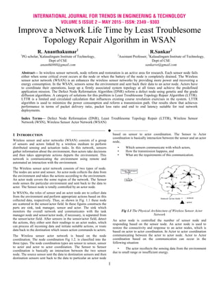 INTERNATIONAL JOURNAL FOR TRENDS IN ENGINEERING & TECHNOLOGY
VOLUME 5 ISSUE 2 – MAY 2015 - ISSN: 2349 - 9303
1
Improve a Network Life Time by Least Troublesome
Topology Repair Algorithm in WSAN
R. Ananthakumar1
1
PG scholar,1
Kalasalingam Institute of Technology,
Dept of CSE
ananthk860@gmail.com
R.Sankar2
2
Assistant Professor, 2
Kalasalingam Institute of Technology,
Dept of CSE
sankarwt@gmail.com
Abstract— In wireless sensor network, node reform and restoration is an active area for research. Each sensor node fails
either when some critical event occurs at the node or when the battery of the node is completely drained. The Wireless
sensor actor network (WSAN) is an enhances the wireless sensor networks by providing more power and recovering a
energy consumption. In the WSAN, sensors sense the environment and sent back their data to an actor node. Actors have
to coordinate their operations, keep up a firmly associated system topology at all times and achieve the predefined
application mission. The Defect Node Reformation Algorithm (DNR) reform a defect node using genetic and the grade
diffusion algorithms. A category of solutions for this problem is Least Troublesome Topology Repair Algorithm (LTTR).
LTTR is a limited and circulated calculation that influences existing course revelation exercises in the system. LTTR
algorithm is used to minimize the power consumption and reform a transmission path. Our results show that achieves
performance in terms of packet delivery ratio, packet loss ratio and end to end latency suitable for real network
deployments.
Index Terms— Defect Node Reformation (DNR), Least Troublesome Topology Repair (LTTR), Wireless Sensor
Network (WSN), Wireless Sensor Actor Network (WSAN)
——————————  ——————————
1 INTRODUCTION
Wireless sensor and actor networks (WSAN) consists of a group
of sensors and actors linked by a wireless medium to perform
distributed sensing and actuation tasks. In this network, sensors
gather information about the environment, then actors take decisions
and then takes appropriate actions departs the environment. This
network is communicating the environment using remote and
automated an interaction with the environment.
The Wireless sensor actor network consists of two types of node.
The nodes are actor and sensor. An actor node collects the data from
the environment and takes the actions according to the environment.
An actor node covers the some region of the network. The Sensor
node senses the particular environment and sent back to the data to
actor. The Sensor node is totally controlled by an actor node.
In WSANs, the roles of sensor and an actor node are to collect data
from the environment and perform appropriate actions based on this
collected data, respectively. Thus, as shown in Fig. 1.1 these node
are scattered in the sensor/actor field. In these figures constructs the
parts are sink, task manager, sensor and actor. The sink which
monitors the overall network and communicates with the task
manager node and sensor/actor node, if necessary, is separated from
the sensor/actor field. After sensors in the sensor/actor field, detect
the actions, they either sent their readings to an actor nodes, which
can process all incoming data and initiate suitable actions, or route
data back to the destination which issues action commands to actors.
The Wireless sensor actor network is based on the node
coordination. The node coordination Fig 1.2. is classified into the
three types. The node coordination types are sensor to sensor, sensor
to actor and actor to actor coordination. The Sensor to Sensor
coordination is basically an interaction between the two sensor
node. The source sensor sent the data to destination sensors and then
destination sensors sent back to the data to particular an actor node
based on sensor to actor coordination. The Sensor to Actor
coordination is basically interaction between the sensor and an actor
node,
• Which sensors communicate with which actors,
• How the transmission happens, and
• What are the requirements of this communication.
Fig 1.1 The Physical Architecture of Wireless Sensor Actor
Network
An actor node is controlled the number of sensor node and
responding based on the sensor node. An actor node is used to
restore the connectivity and response to an actor nodes, which is
based on actor to actor coordination. In Actor to actor coordination
communicating between the actor to actor node. Actor to Actor
coordination based on the communication can occur in the
following situation
• The actor recollects the sensing data from the environment
due to small range or insufficient energy.
 