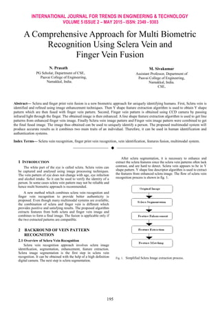 INTERNATIONAL JOURNAL FOR TRENDS IN ENGINEERING & TECHNOLOGY
VOLUME 5 ISSUE 2 – MAY 2015 - ISSN: 2349 - 9303
195
A Comprehensive Approach for Multi Biometric
Recognition Using Sclera Vein and
Finger Vein Fusion
N. Prasath
PG Scholar, Department of CSE,
Paavai College of Engineering,
Namakkal, India.
M. Sivakumar
Assistant Professor, Department of
Paavai College of Engineering,
Namakkal, India.
CSE,
Abstract— Sclera and finger print vein fusion is a new biometric approach for uniquely identifying humans. First, Sclera vein is
identified and refined using image enhancement techniques. Then Y shape feature extraction algorithm is used to obtain Y shape
pattern which are then fused with finger vein pattern. Second, Finger vein pattern is obtained using CCD camera by passing
infrared light through the finger. The obtained image is then enhanced. A line shape feature extraction algorithm is used to get line
patterns from enhanced finger vein image. Finally Sclera vein image pattern and Finger vein image pattern were combined to get
the final fused image. The image thus obtained can be used to uniquely identify a person. The proposed multimodal system will
produce accurate results as it combines two main traits of an individual. Therefore, it can be used in human identification and
authentication systems.
Index Terms— Sclera vein recognition, finger print vein recognition, vein identification, features fusion, multimodal system.
——————————  ——————————
1 INTRODUCTION
The white part of the eye is called sclera. Sclera veins can
be captured and analysed using image processing techniques.
The vein pattern of eye does not change with age, eye infection
and alcohol intake. So it can be used to verify the identity of a
person. In some cases sclera vein pattern may not be reliable and
hence multi biometric approach is recommended.
A new method which combines sclera vein recognition and
finger vein recognition to provide better authenticity is
proposed. Even though many multimodal systems are available,
the combination of sclera and finger vein is different which
provides positive and satisfying results. The proposed algorithm
extracts features from both sclera and finger vein image and
combines to form a final image. The fusion is applicable only if
the two extracted patterns are compatible.
2 BACKROUND OF VEIN PATTERN
RECOGNITION
2.1 Overview of Sclera Vein Recognition
Sclera vein recognition approach involves sclera image
identification, segmentation, enhancement, feature extraction.
Sclera image segmentation is the first step in sclera vein
recognition. It can be obtained with the help of a high definition
digital camera. The next step is sclera segmentation.
After sclera segmentation, it is necessary to enhance and
extract the sclera features since the sclera vein patterns often lack
contrast, and are hard to detect. Sclera vein appears to be in Y
shape pattern. Y shape line descriptor algorithm is used to extract
the features from enhanced sclera image. The flow of sclera vein
recognition process is shown in fig. 1.
Fig. 1. Simplified Sclera Image extraction process.
 