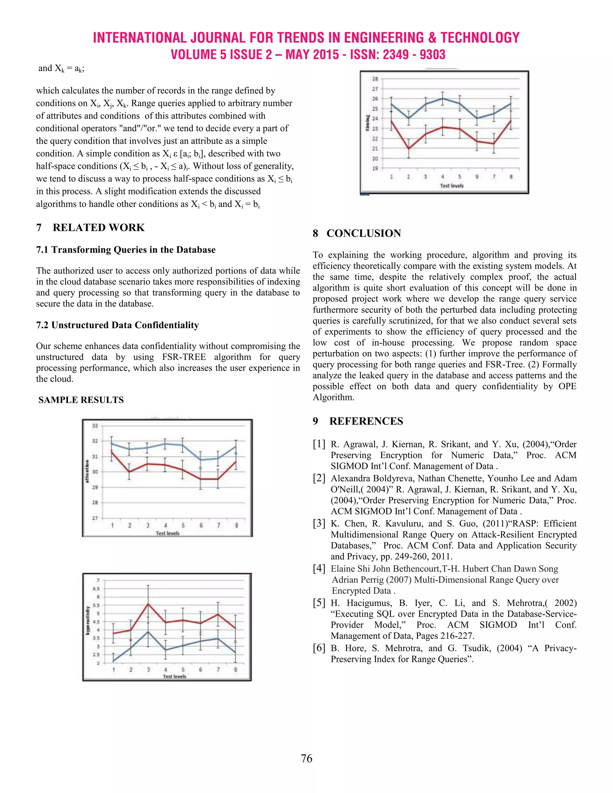 INTERNATIONAL JOURNAL FOR TRENDS IN ENGINEERING & TECHNOLOGY
VOLUME 5 ISSUE 2 – MAY 2015 - ISSN: 2349 - 9303
76
and Xk = ak;
which calculates the number of records in the range defined by
conditions on Xi, Xj, Xk. Range queries applied to arbitrary number
of attributes and conditions of this attributes combined with
conditional operators "and"/"or." we tend to decide every a part of
the query condition that involves just an attribute as a simple
condition. A simple condition as Xi ε [ai; bi], described with two
half-space conditions (Xi ≤ bi , - Xi ≤ a)i. Without loss of generality,
we tend to discuss a way to process half-space conditions as Xi ≤ bi
in this process. A slight modification extends the discussed
algorithms to handle other conditions as Xi < bi and Xi = bi
7 RELATED WORK
7.1 Transforming Queries in the Database
The authorized user to access only authorized portions of data while
in the cloud database scenario takes more responsibilities of indexing
and query processing so that transforming query in the database to
secure the data in the database.
7.2 Unstructured Data Confidentiality
Our scheme enhances data confidentiality without compromising the
unstructured data by using FSR-TREE algorithm for query
processing performance, which also increases the user experience in
the cloud.
SAMPLE RESULTS
8 CONCLUSION
To explaining the working procedure, algorithm and proving its
efficiency theoretically compare with the existing system models. At
the same time, despite the relatively complex proof, the actual
algorithm is quite short evaluation of this concept will be done in
proposed project work where we develop the range query service
furthermore security of both the perturbed data including protecting
queries is carefully scrutinized, for that we also conduct several sets
of experiments to show the efficiency of query processed and the
low cost of in-house processing. We propose random space
perturbation on two aspects: (1) further improve the performance of
query processing for both range queries and FSR-Tree. (2) Formally
analyze the leaked query in the database and access patterns and the
possible effect on both data and query confidentiality by OPE
Algorithm.
9 REFERENCES
[1] R. Agrawal, J. Kiernan, R. Srikant, and Y. Xu, (2004),“Order
Preserving Encryption for Numeric Data,” Proc. ACM
SIGMOD Int’l Conf. Management of Data .
[2] Alexandra Boldyreva, Nathan Chenette, Younho Lee and Adam
O'Neill,( 2004)” R. Agrawal, J. Kiernan, R. Srikant, and Y. Xu,
(2004),“Order Preserving Encryption for Numeric Data,” Proc.
ACM SIGMOD Int’l Conf. Management of Data .
[3] K. Chen, R. Kavuluru, and S. Guo, (2011)“RASP: Efficient
Multidimensional Range Query on Attack-Resilient Encrypted
Databases,” Proc. ACM Conf. Data and Application Security
and Privacy, pp. 249-260, 2011.
[4] Elaine Shi John Bethencourt,T-H. Hubert Chan Dawn Song
Adrian Perrig (2007) Multi-Dimensional Range Query over
Encrypted Data .
[5] H. Hacigumus, B. Iyer, C. Li, and S. Mehrotra,( 2002)
“Executing SQL over Encrypted Data in the Database-Service-
Provider Model,” Proc. ACM SIGMOD Int’l Conf.
Management of Data, Pages 216-227.
[6] B. Hore, S. Mehrotra, and G. Tsudik, (2004) “A Privacy-
Preserving Index for Range Queries”.
 