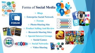 Forms of Social Media
 Blogs
 Enterprise Social Network
 Forum
 Photo-Sharing Site
 Product Selling And Review
 Research Sharing Sites
 Special Interest Groups
 Social Games
 Social Networks
 Video Sharing
 