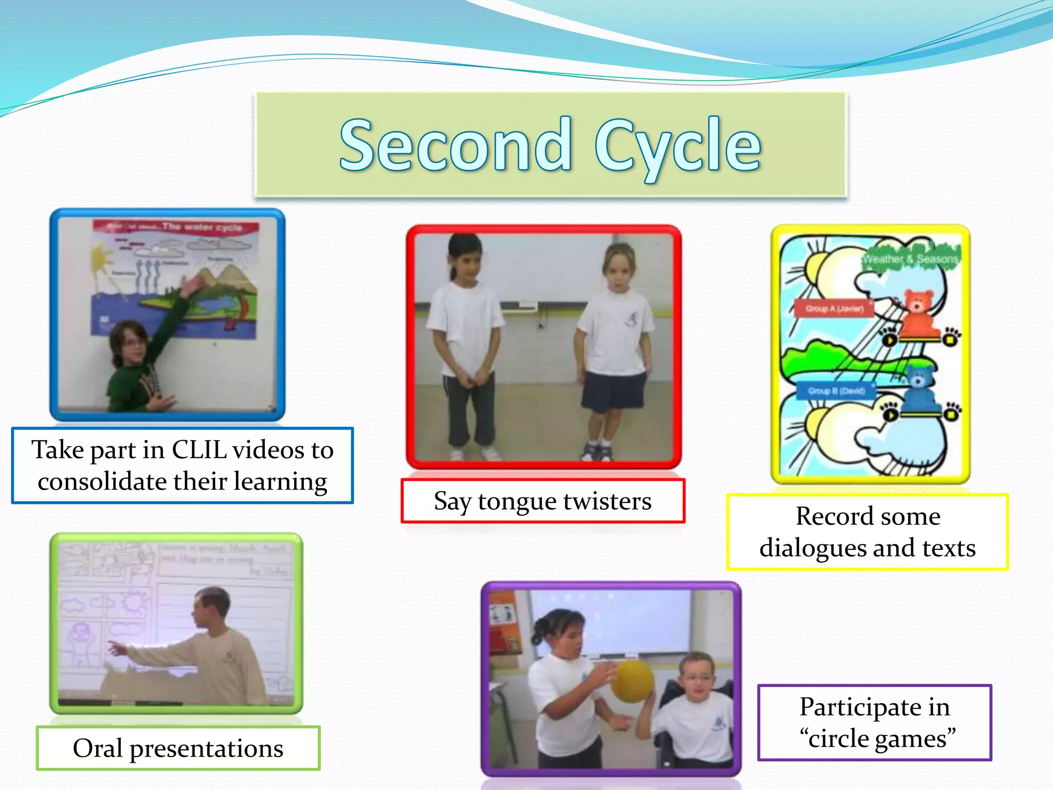 Take part in CLIL videos to
consolidate their learning
Record some
dialogues and texts
Say tongue twisters
Participate in
“circle games”Oral presentations
 