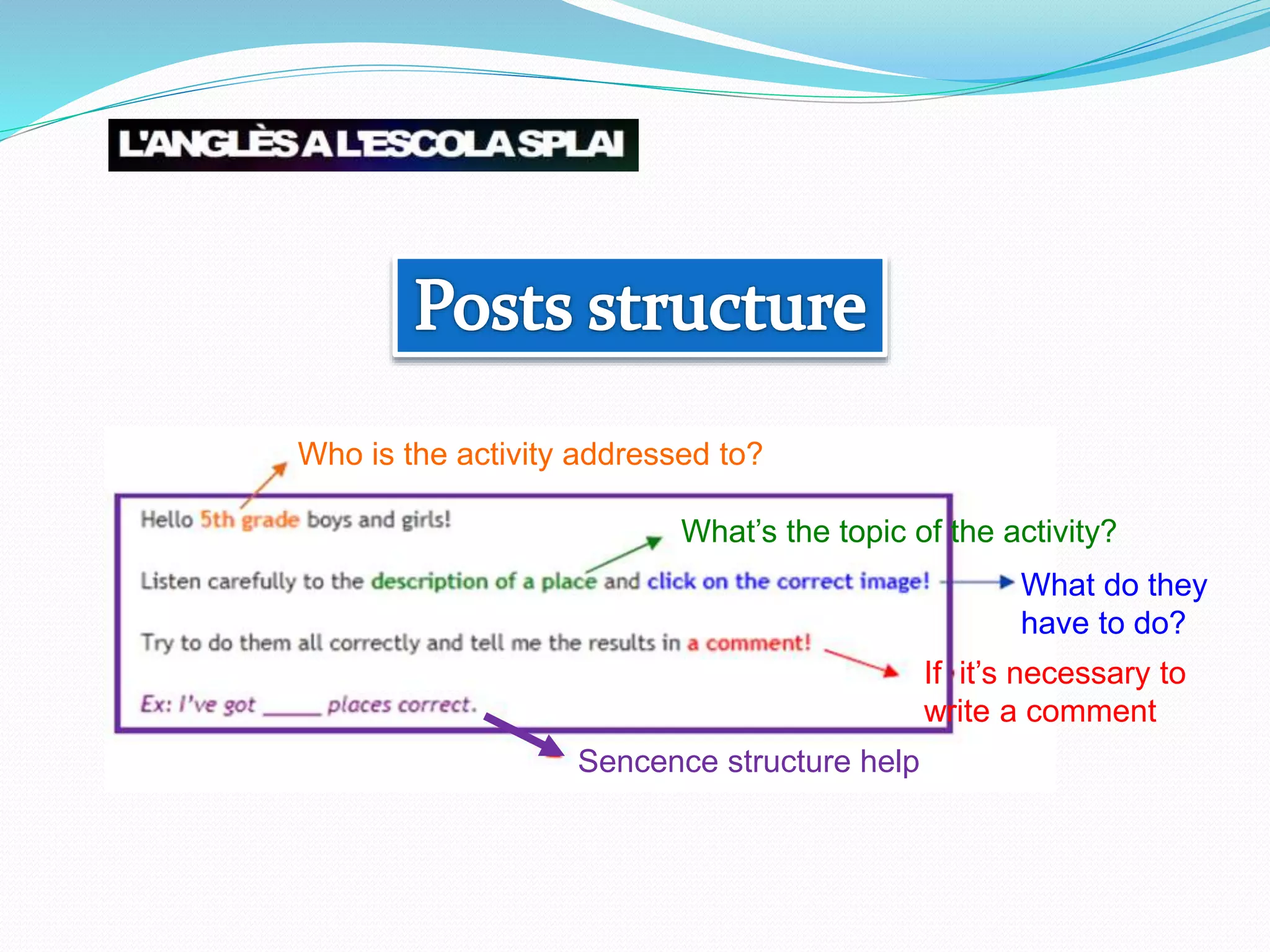 Who is the activity addressed to?
What’s the topic of the activity?
What do they
have to do?
If it’s necessary to
write a comment
Sencence structure help
 