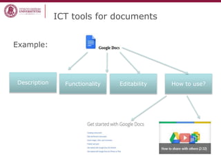ICT tools for documents
Example:
Description Functionality How to use?Editability
 