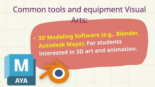 • 3D Modeling Software (e.g., Blender,
Autodesk Maya): For students
interested in 3D art and animation.
Common tools and equipment Visual
Arts:
 