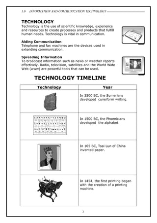 1.0 INFORMATION AND COMMUNICATION TECHNOLOGY
3
TECHNOLOGY
Technology is the use of scientific knowledge, experience
and resources to create processes and products that fulfill
human needs. Technology is vital in communication.
Aiding Communication
Telephone and fax machines are the devices used in
extending communication.
Spreading Information
To broadcast information such as news or weather reports
effectively. Radio, television, satellites and the World Wide
Web (www) are powerful tools that can be used.
TECHNOLOGY TIMELINE
Technology Year
In 3500 BC, the Sumerians
developed cuneiform writing.
In 1500 BC, the Phoenicians
developed the alphabet
In 105 BC, Tsai Lun of China
invented paper.
In 1454, the first printing began
with the creation of a printing
machine.
 