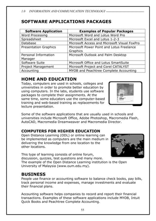 1.0 INFORMATION AND COMMUNICATION TECHNOLOGY
55
SOFTWARE APPLICATIONS PACKAGES
Software Application Examples of Popular Packages
Word Processing Microsoft Word and Lotus Word Pro
Spreadsheet Microsoft Excel and Lotus 1-2-3
Database Microsoft Access and Microsoft Visual FoxPro
Presentation Graphics Microsoft Power Point and Lotus Freelance
Graphics
Personal Information
Manager
Microsoft Outlook and Palm Desktop
Software Suite Microsoft Office and Lotus SmartSuite
Project Management Microsoft Project and Corel CATALYST
Accounting MYOB and Peachtree Complete Accounting
HOME AND EDUCATION
Today, computers are used in schools, colleges and
universities in order to promote better education by
using computers. In the labs, students use software
packages to complete their assignments. At the
same time, some educators use the computer-based
training and web-based training as replacements for
lecture presentation.
Some of the software applications that are usually used in schools and
universities include Microsoft Office, Adobe Photoshop, Macromedia Flash,
AutoCAD, Macromedia Dreamweaver and Macromedia Director.
COMPUTERS FOR HIGHER EDUCATION
Open Distance Learning (ODL) or online learning can
be implemented as computers are the main medium in
delivering the knowledge from one location to the
other locations.
This type of learning consists of online forum,
discussion, quizzes, test questions and many more.
The example of the Open Distance Learning institution is the Open
University of Malaysia (www.oum.edu.my).
BUSINESS
People use finance or accounting software to balance check books, pay bills,
track personal income and expenses, manage investments and evaluate
their financial plans.
Accounting software helps companies to record and report their financial
transactions. Examples of these software applications include MYOB, Intuit
Quick Books and Peachtree Complete Accounting.
 