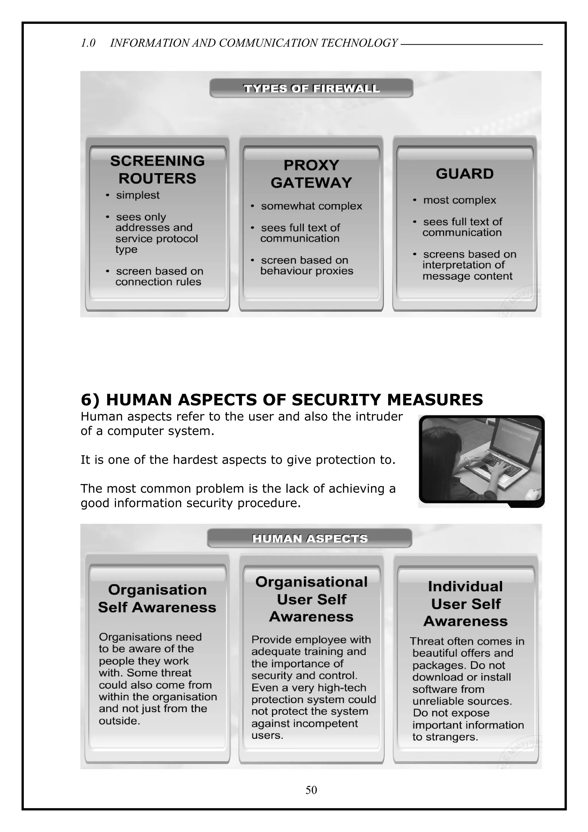 1.0 INFORMATION AND COMMUNICATION TECHNOLOGY
6) HUMAN ASPECTS OF SECURITY MEASURES
Human aspects refer to the user and also the intruder
of a computer system.
It is one of the hardest aspects to give protection to.
The most common problem is the lack of achieving a
good information security procedure.
50
 