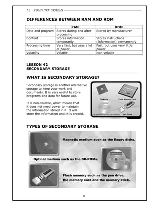2.0 COMPUTER SYSTEMS
31
DIFFERENCES BETWEEN RAM AND ROM
RAM ROM
Data and program Stores during and after
processing
Stored by manufacturer
Content Stores information
temporarily
Stores instructions
(Information) permanently
Processing time Very fast, but uses a lot
of power
Fast, but uses very little
power
Volatility Volatile Non-volatile
LESSON 42
SECONDARY STORAGE
WHAT IS SECONDARY STORAGE?
Secondary storage is another alternative
storage to keep your work and
documents. It is very useful to store
programs and data for future use.
It is non-volatile, which means that
it does not need power to maintain
the information stored in it. It will
store the information until it is erased.
TYPES OF SECONDARY STORAGE
 