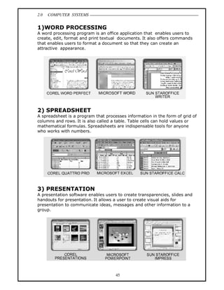 2.0 COMPUTER SYSTEMS
45
1)WORD PROCESSING
A word processing program is an office application that enables users to
create, edit, format and print textual documents. It also offers commands
that enables users to format a document so that they can create an
attractive appearance.
2) SPREADSHEET
A spreadsheet is a program that processes information in the form of grid of
columns and rows. It is also called a table. Table cells can hold values or
mathematical formulas. Spreadsheets are indispensable tools for anyone
who works with numbers.
3) PRESENTATION
A presentation software enables users to create transparencies, slides and
handouts for presentation. It allows a user to create visual aids for
presentation to communicate ideas, messages and other information to a
group.
 