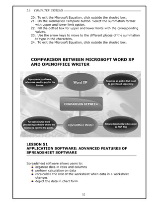 2.0 COMPUTER SYSTEMS
52
20. To exit the Microsoft Equation, click outside the shaded box.
21. On the summation Template button. Select the summation format
with upper and lower limit option.
22. Fill the dotted box for upper and lower limits with the corresponding
values.
23. Use the arrow keys to move to the different places of the summation
to type in the characters.
24. To exit the Microsoft Equation, click outside the shaded box.
COMPARISON BETWEEN MICROSOFT WORD XP
AND OPENOFFICE WRITER
LESSON 51
APPLICATION SOFTWARE: ADVANCED FEATURES OF
SPREADSHEET SOFTWARE
Spreadsheet software allows users to:
organise data in rows and columns
perform calculation on data
recalculate the rest of the worksheet when data in a worksheet
changes
depict the data in chart form
 